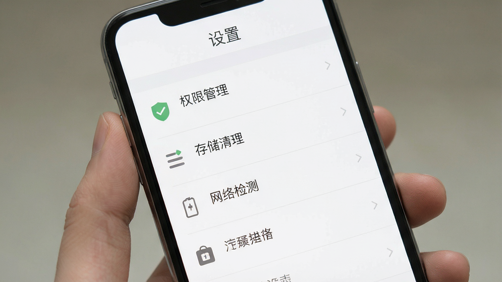 手机屏幕展示“富贵”软件的设置页面,页面中有权限管理、存储清理、网络检测等选项,顶部有“设置”文字,整体布局为纵向列表,风格为素雅极简扁平设计,细节包括白色背景、浅灰色分割线、深灰色文字、简洁图标,画质清晰干净,无多余元素