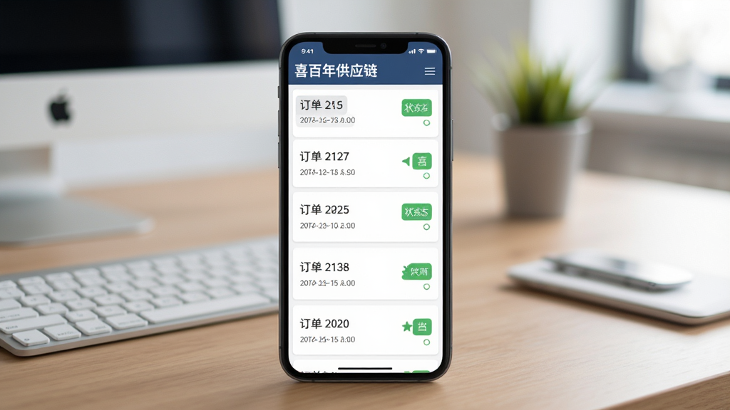 喜百年供应链订单管理界面,手机屏幕显示订单列表与状态标签,背景为办公室桌面,主体为手机,布局居中,排版简洁,风格商务扁平化,细节包括订单编号、时间戳、状态图标,画质清晰,干净,无多余元素