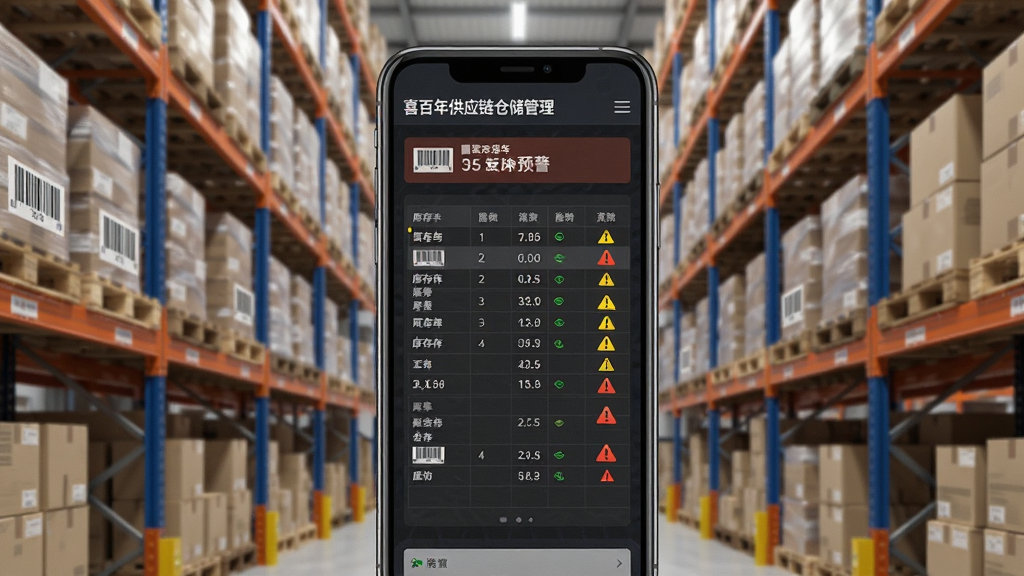 喜百年供应链仓储管理界面,手机屏幕显示库存表格与预警提示,背景为现代化仓库货架,主体为手机与货架,布局居中,排版整齐,风格简洁工业风,细节包括条形码、库存数字、预警图标,画质清晰,干净,无多余元素