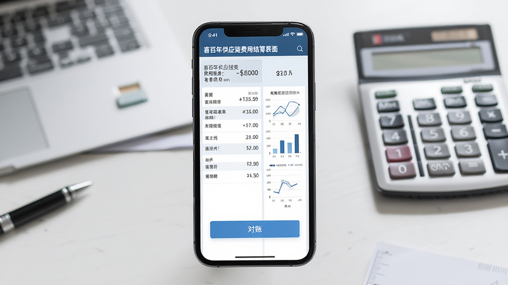 喜百年供应链费用结算界面,手机屏幕显示账单表格与图表,背景为办公桌面与计算器,主体为手机,布局居中,排版简洁,风格商务专业,细节包括金额数字、对账按钮、图表,画质清晰,干净,无多余元素