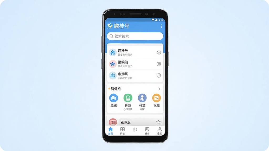 一张手机应用界面展示图,画面中央是一部竖屏安卓手机,手机屏幕上显示“趣挂号”APP首页,页面顶部有搜索框,中部排列着医院列表与科室分类图标,底部有导航栏,背景为干净的浅蓝色渐变,整体风格清爽简洁,细节清晰,画质干净,无多余元素