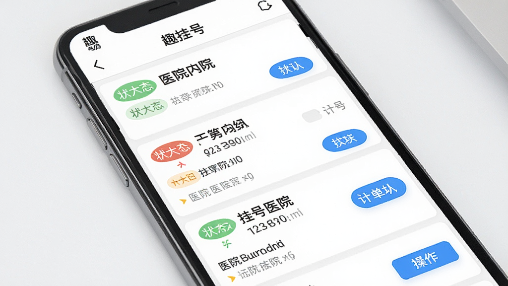 一张订单管理界面图,画面为手机屏幕展示“趣挂号”订单列表页面,列表中包含多条挂号记录,每条记录有状态标签和医院名称,布局为纵向列表,风格为简洁商务风,细节包括状态颜色区分和操作按钮,画质清晰干净,无多余元素