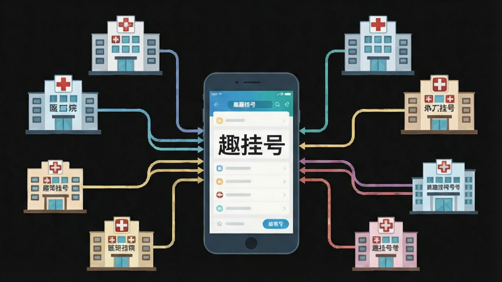 一张信息聚合概念图,画面主体为多个医院建筑图标通过线条汇聚到一个中心手机屏幕上,手机屏幕显示“趣挂号”界面,布局为左右对称式,风格为扁平化插画,细节包括不同颜色的医院标识和连接线条,画质清晰干净,无多余元素