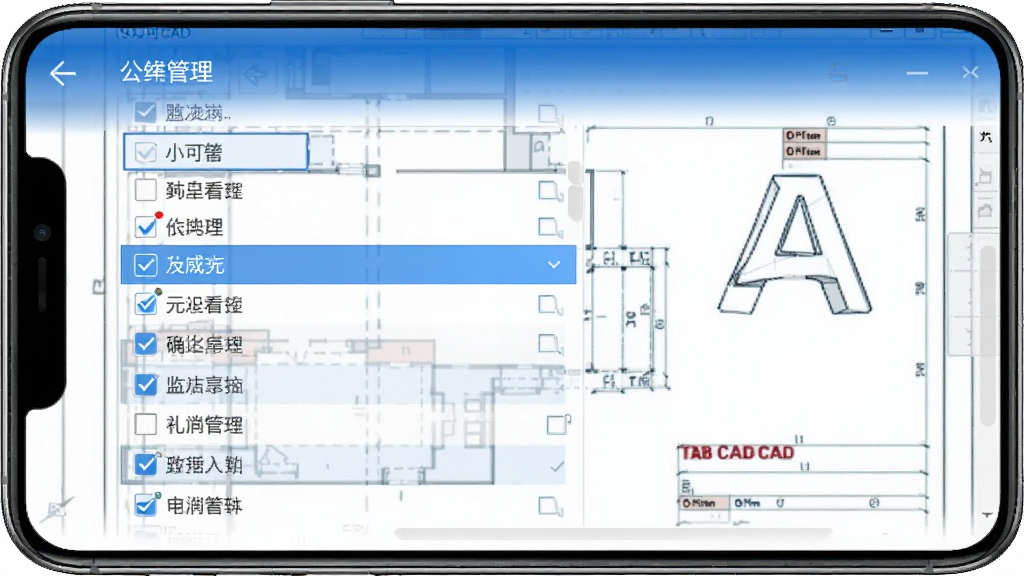 小可CAD看图图层管理界面,手机屏幕显示图层列表,部分图层前有勾选框,背景为CAD图纸预览,界面配色为蓝白相间,风格清爽,细节清晰,无多余装饰