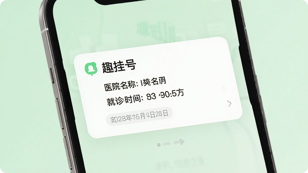 一张日程提醒界面图,画面展示一部手机屏幕,屏幕上显示“趣挂号”的提醒通知卡片,卡片上有医院名称、就诊时间和科室信息,背景为柔和的浅绿色,布局为居中排版,风格为现代UI设计,细节包括通知图标和日期标签,画质干净,无多余元素