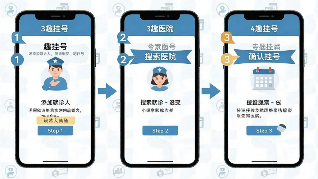 一张手机操作指引图,画面为手机屏幕展示“趣挂号”操作步骤,屏幕上分步骤标注了添加就诊人、搜索医院、确认挂号三个环节,布局为三栏并列式,风格为扁平化教程插画,细节包括箭头引导和步骤编号,画质干净,无多余元素