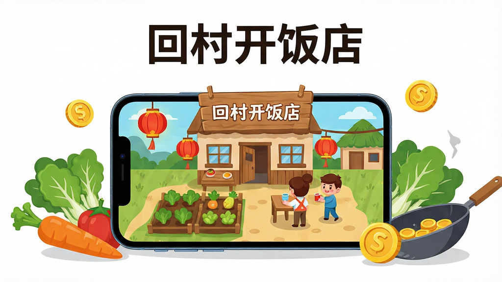 画面中央展示一部智能手机,屏幕内呈现“回村开饭店”游戏界面,有卡通风格的乡村饭店、菜地和顾客;手机周围环绕新鲜蔬菜、炒锅和金币元素;布局采用居中构图,上方留白放置游戏名称文字;排版简洁明快;风格为扁平化卡通插画;细节包括木纹招牌、红色灯笼、绿色菜叶;画质高清,干净,无多余元素