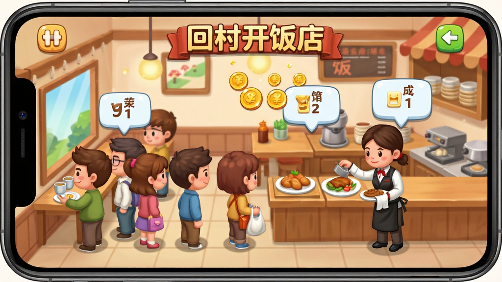 画面展示“回村开饭店”游戏在手机上的运行画面,屏幕内呈现饭店繁忙场景,有顾客排队、服务员上菜;布局采用竖屏展示;排版居中;风格为卡通游戏截图;细节包括金币飘字、订单气泡;画质清晰,干净,无多余元素