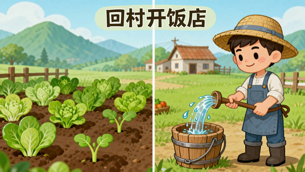 画面展示“回村开饭店”游戏中的菜园种植场景,左侧是绿油油的蔬菜地,右侧是玩家角色正在浇水;背景有远山和农舍;布局采用左右分栏;排版自然;风格为清新田园插画;细节包括水滴、菜苗、木桶;画质明亮,干净,无多余元素