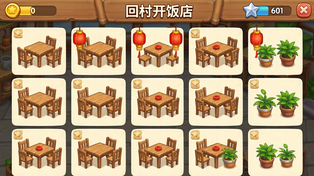 画面展示“回村开饭店”游戏中的餐厅装修界面,屏幕内呈现多种家具和装饰选项,如木质桌椅、红灯笼、绿植;布局采用网格排列;排版整齐;风格为休闲游戏UI风格;细节包括金币图标、等级标识;画质清晰,干净,无多余元素