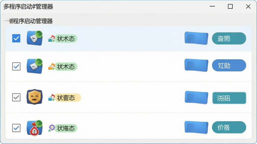 一张展示多程序启动管理器一键管理启动项功能的图片,主体为软件界面中的启动项列表,布局为纵向排列,排版整齐,风格为清爽简约风,细节包含勾选框、程序图标、状态标签、操作按钮,画质高清,干净,无多余元素