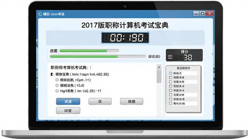 一幅AI生图,画面主体是一台笔记本电脑屏幕,屏幕上显示“2017版职称计算机考试宝典”的模拟考场界面,包含倒计时数字、题目区域和答题卡,布局为居中展示,采用扁平化科技风格,细节有进度条、选项按钮、得分显示,画质清晰干净,无多余元素