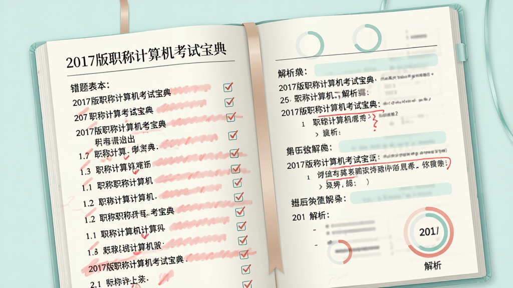 一幅AI生图,画面主体是一本翻开的电子错题本,页面顶部标注“2017版职称计算机考试宝典”,页面内排列着多道题目和红色标记,布局为左右分栏,左侧为题目列表右侧为解析,采用柔和清新风格,细节有书签、勾选标记、进度圆环,画质清晰干净,无多余元素