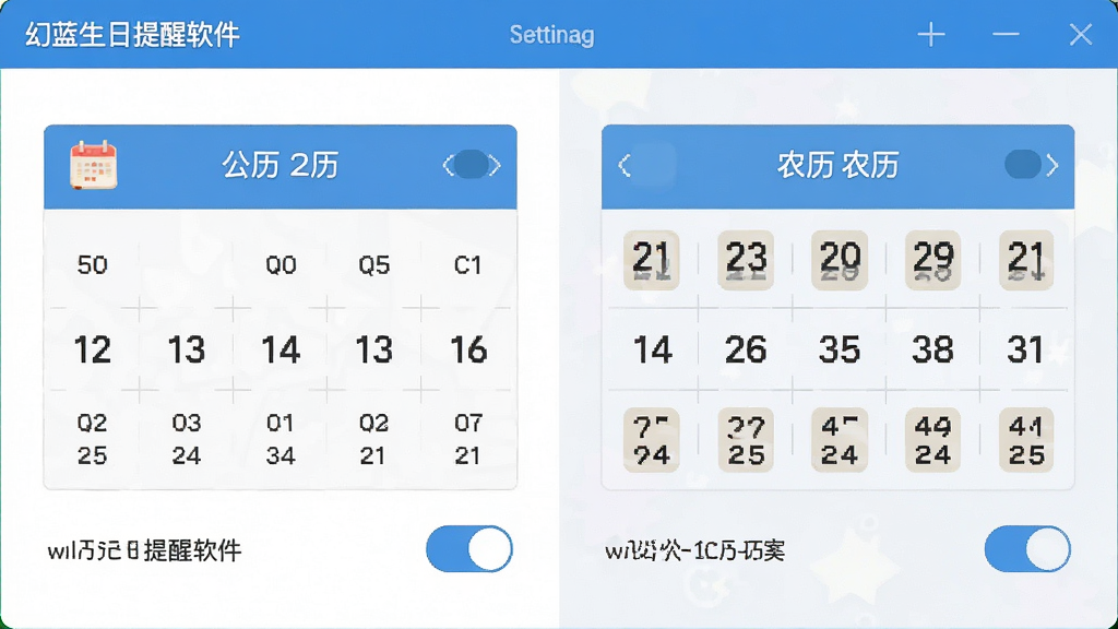 一张展示幻蓝生日提醒软件中农历公历切换界面的图片,主体为软件设置面板,布局左侧为公历日期选择器右侧为农历日期选择器,排版对称,风格为扁平化设计,细节包括月份牌图标和切换开关,画质高清,干净,无多余元素