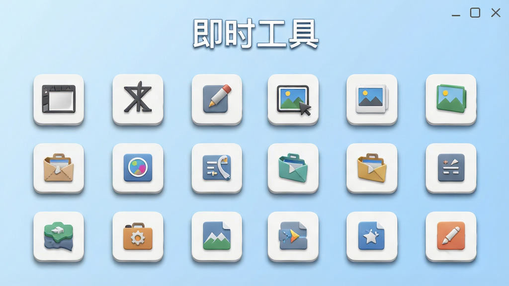 一张展示即时工具软件主界面的宽幅图片,画面中央是整齐排列的工具图标网格,包含画板、文本编辑、图片处理、格式转换等模块,顶部有即时工具的中文名称,背景为干净的浅蓝色渐变,布局清晰,排版疏朗,风格现代简约,细节上图标带有轻微立体投影,画质高清,干净,无多余元素