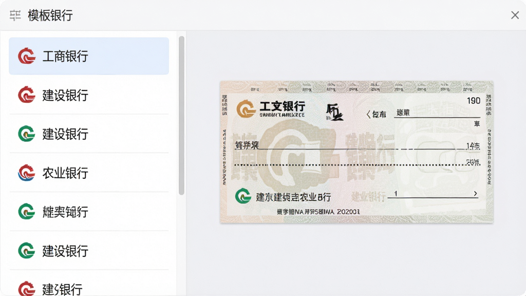 一张展示多银行模板选择界面的图片,画面左侧是银行列表,包括“工商银行”“建设银行”“农业银行”等选项,右侧是支票模板预览图,界面风格为简洁的软件操作面板,配色柔和,画质高清,干净无多余元素