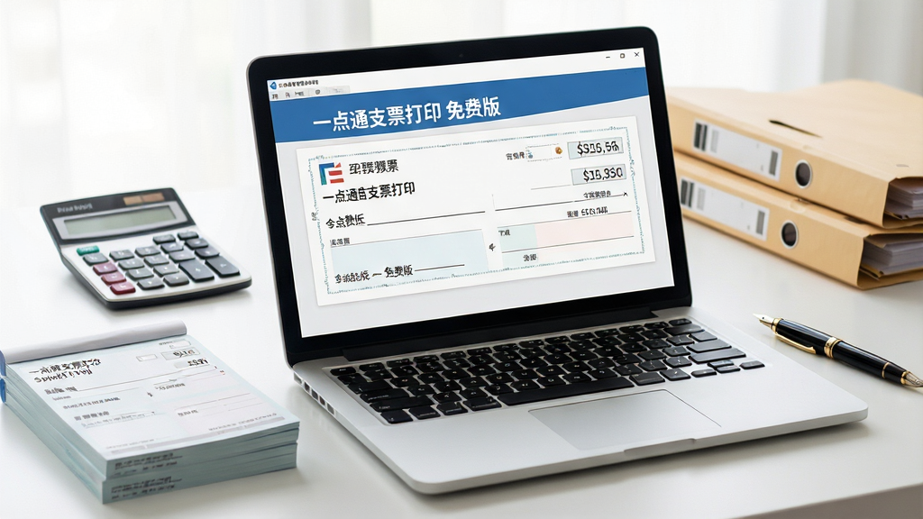 一张展示财务办公场景的图片,画面中央是一台打开的笔记本电脑,屏幕显示“一点通支票打印 免费版”软件界面,界面中有支票模板和填写好的金额数字,电脑旁放着一叠整齐的支票本和一支钢笔,背景是整洁的办公桌面,有计算器和文件夹,整体风格为写实商务摄影,光线明亮柔和,细节清晰,画质高清,干净无多余元素