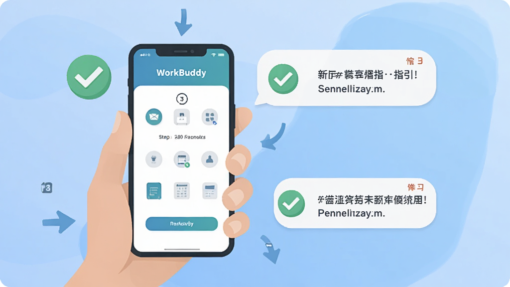 WorkBuddy新手操作指引示意图,画面中一只手拿着手机,屏幕上显示WorkBuddy的安装向导界面,旁边有对勾和提示气泡,背景为柔和渐变蓝色,风格为扁平化教程插画,细节包括步骤数字、箭头指示,画质清晰,干净,无多余元素