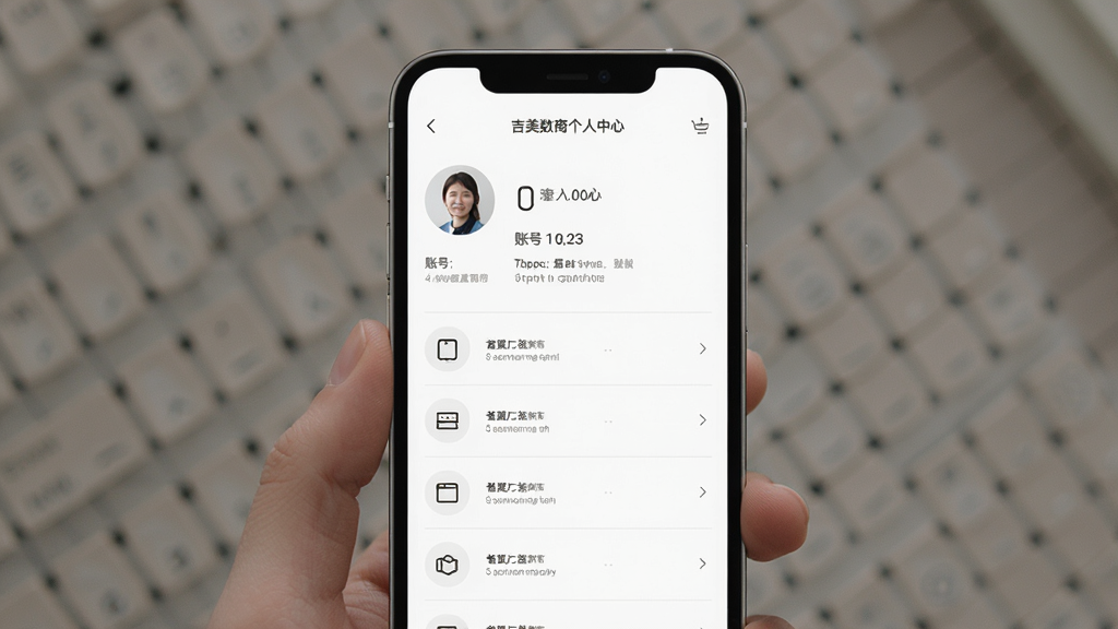 吉美数商个人中心设置页面,主体为手机屏幕,屏幕内展示头像、账号信息与功能列表,列表项配有简洁图标,背景为白色,布局纵向排列,风格素雅,细节表现分割线与文字层级,画质干净,无多余元素