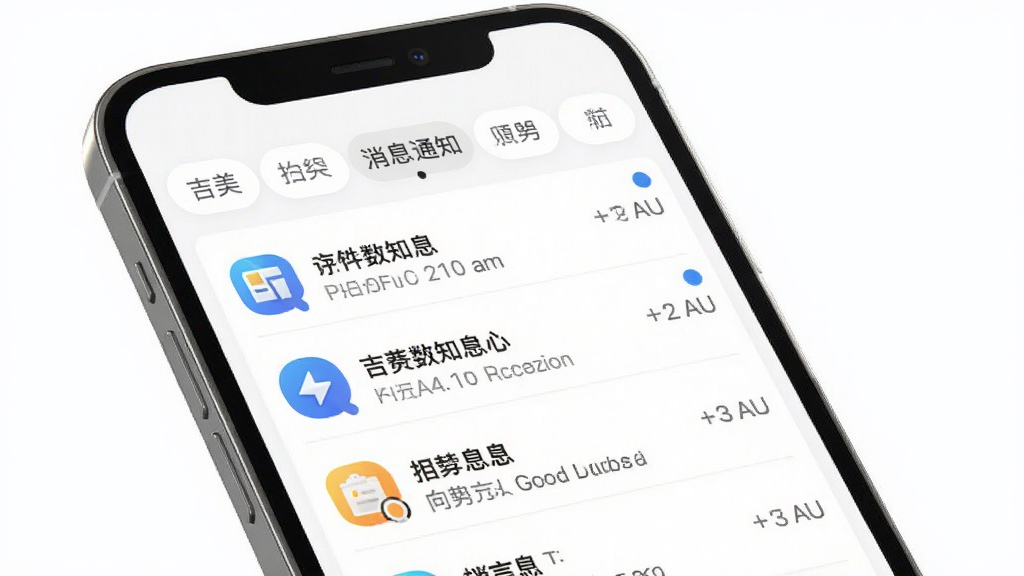 吉美数商消息通知中心界面,主体为手机屏幕,屏幕内显示按时间排列的消息列表,每条消息配有图标与简短文字,顶部有分类标签,布局清晰,风格清爽,细节展示未读标记与时间戳,画质干净,无多余元素