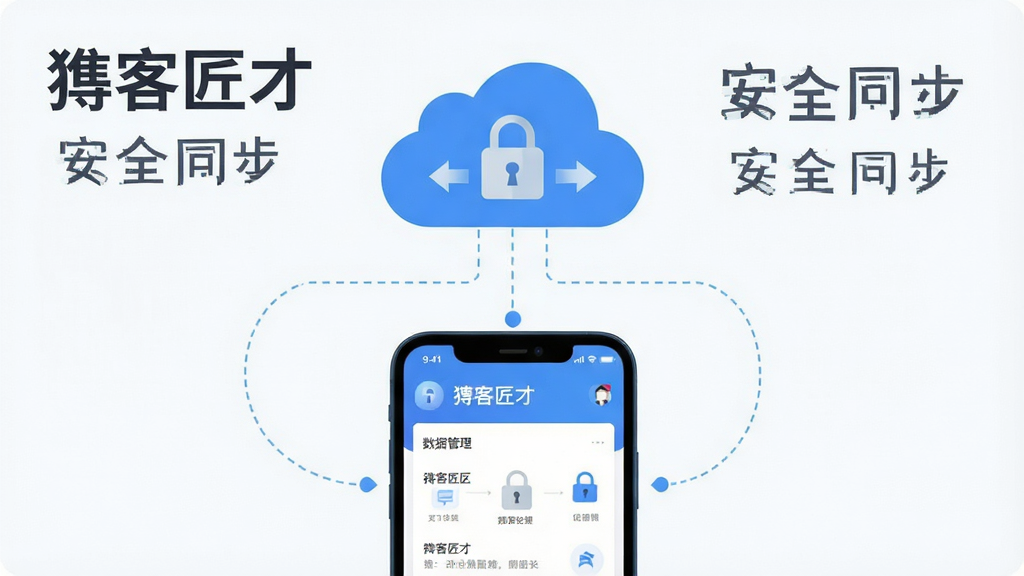 一张表现掮客匠才数据同步与安全特性的AI生成图,画面主体是一部手机与一朵云形图标之间用虚线连接,手机屏幕显示掮客匠才的数据管理界面,布局采用上下结构,上方为云图标,下方为手机,排版简洁明快,风格为扁平化安全科技风,细节上加入锁形符号与同步箭头,画质清晰,画面干净,无多余元素,图片中可包含文字“掮客匠才”与“安全同步”。