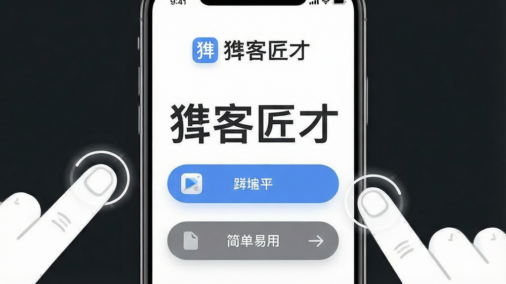 一张展示掮客匠才简洁界面与直观操作的AI生成图,画面主体是一部手机特写,屏幕显示掮客匠才的菜单与按钮布局,手机周围有手指点击的示意线条,布局采用居中构图,排版将手机屏幕内容放大展示,风格为极简UI展示风,细节上突出按钮的圆角与图标的清晰度,画质清晰,画面干净,无多余元素,图片中可包含文字“掮客匠才”与“简单易用”。