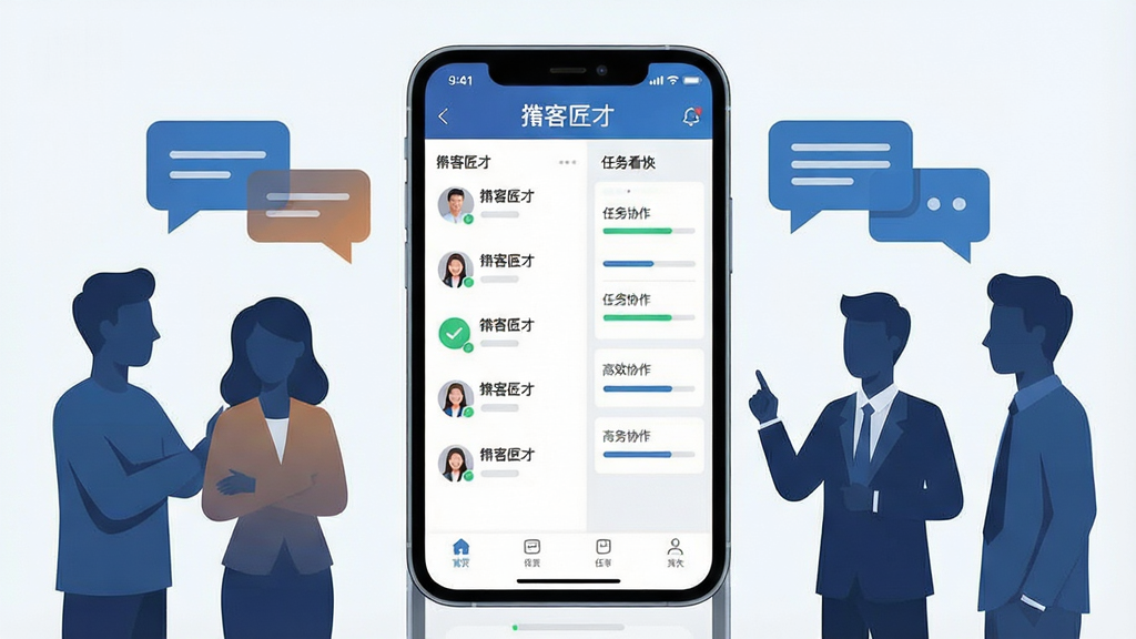 一张展示掮客匠才商务协作功能的场景图,画面中央是一部手机,屏幕显示掮客匠才的联系人列表与任务看板界面,手机两侧有抽象的人物剪影与对话气泡元素,布局采用对称式构图,排版将手机置于视觉中心,风格为现代商务插画风,细节上突出界面中的勾选标记与进度条,画质清晰,画面干净,无多余元素,图片中可包含文字“掮客匠才”与“高效协作”。