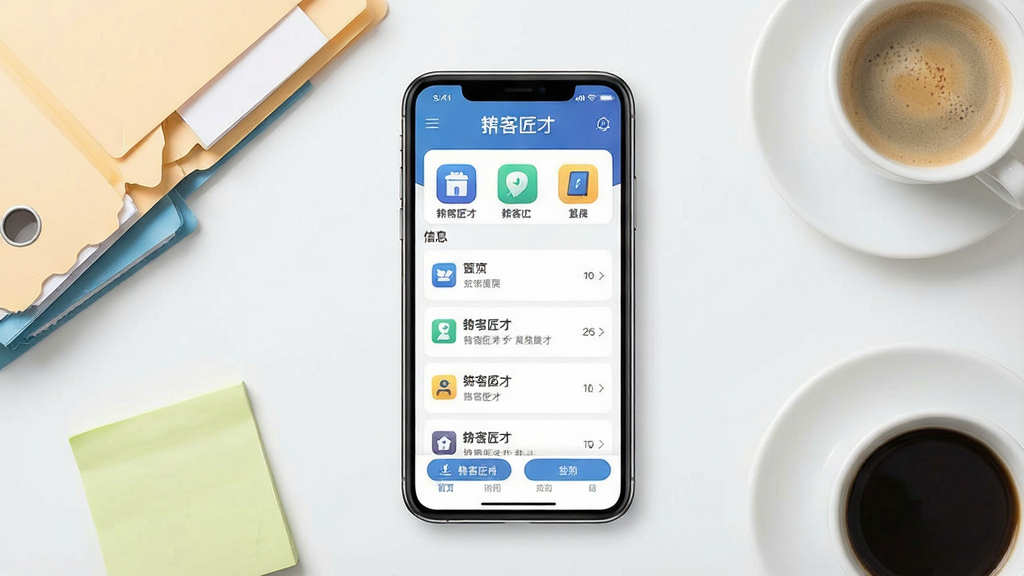 一张展示掮客匠才手机应用主界面的场景图,画面中央是一部竖向摆放的智能手机,手机屏幕里显示掮客匠才应用的首页,包含清晰的功能图标与信息列表,手机周围环绕着简洁的办公桌面元素,如文件夹、便签和一杯咖啡,整体布局采用左右均衡的构图,排版干净利落,风格为现代扁平化商务风,细节上突出手机屏幕的高清显示效果与应用的清爽界面,画质清晰,画面干净,无多余元素,图片中可包含文字“掮客匠才”作为应用名称展示。