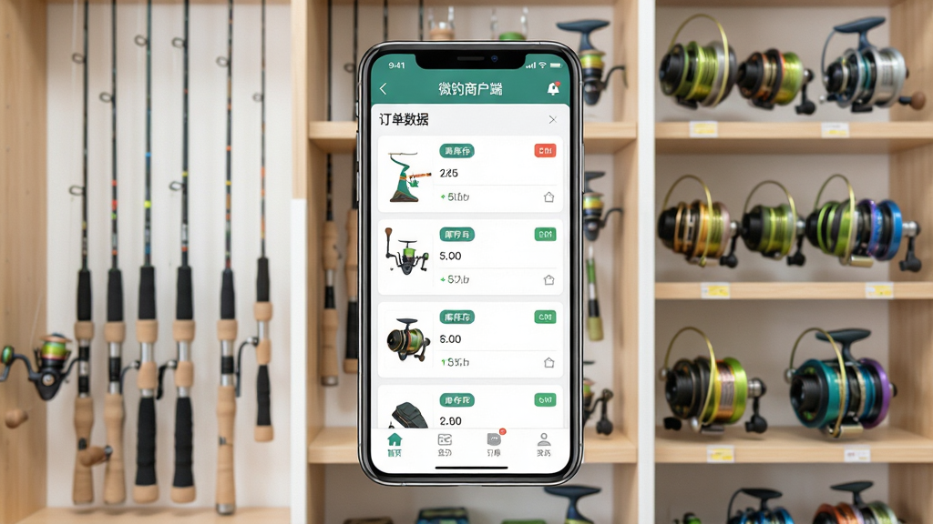 微钓商户端软件主界面展示,画面中央放置一部智能手机,屏幕显示渔具商品管理列表和订单数据面板,背景为整洁的渔具店货架,货架上整齐摆放鱼竿和渔轮,整体布局采用居中构图,风格为现代扁平化UI设计,细节包括商品缩略图、库存数字标签、底部导航栏图标,画质清晰干净,无多余元素,图片中文字为“微钓商户端”