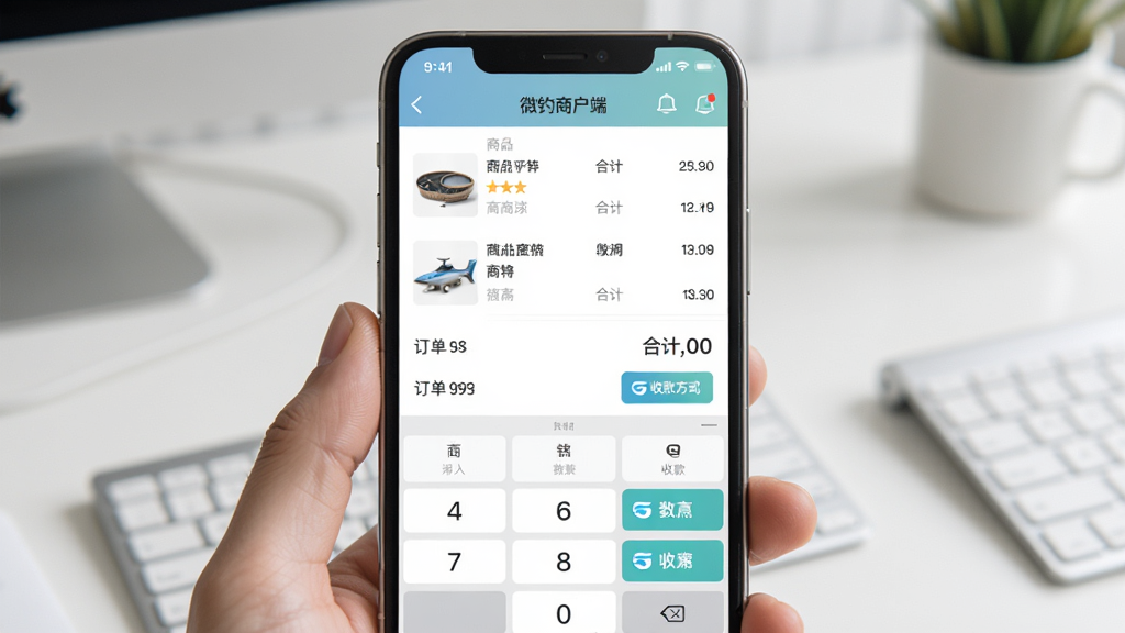 微钓商户端订单收银界面,画面中央展示手机屏幕上的订单结算页面,包含商品清单、合计金额和收款方式选项,背景为简洁的桌面环境,布局采用居中特写,风格为现代UI展示,细节包括数字键盘、支付图标、订单编号,画质清晰干净,无多余元素,图片中文字为“微钓商户端”