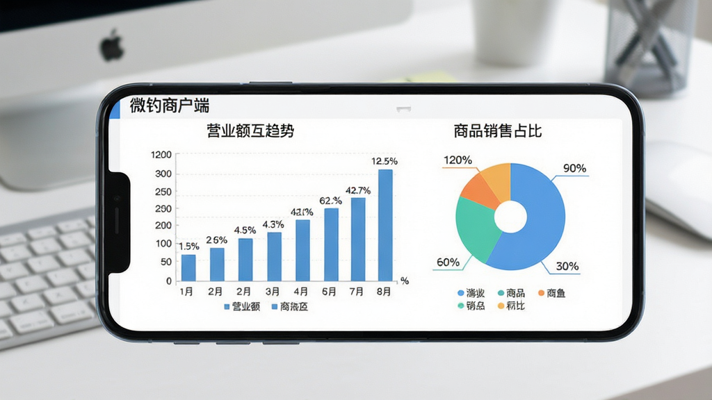 微钓商户端数据统计界面,画面展示手机屏幕上的柱状图和饼状图,显示营业额趋势和商品销售占比,背景为简洁办公桌面,布局为居中特写,风格为数据可视化展示,细节包括坐标轴、百分比标签、图例,画质清晰干净,无多余元素,图片中文字为“微钓商户端”