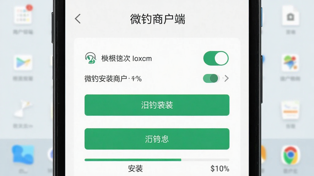 微钓商户端安卓手机安装设置界面,画面展示手机屏幕上的权限设置页面和安装进度条,背景为简洁桌面,布局为居中特写,风格为系统UI展示,细节包括权限开关图标、安装按钮、进度百分比,画质清晰干净,无多余元素,图片中文字为“微钓商户端”