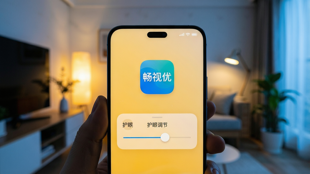 一张展示智能手机屏幕显示柔和护眼模式的图片,画面中央是手机界面,界面中清晰显示“畅视优”应用图标和护眼调节滑块,背景为温馨的室内环境,布局简洁,风格写实科技感,细节包括屏幕发出的暖黄色光线与周围冷色调形成对比,画质清晰,干净无多余元素