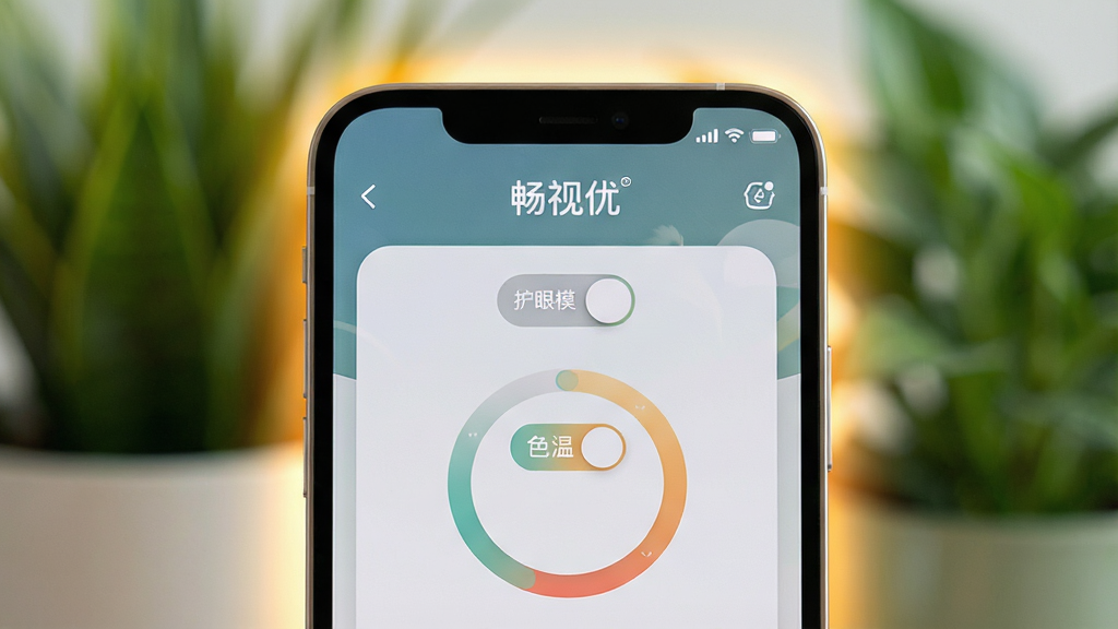 一张展示“畅视优”软件护眼模式界面的图片,画面主体是手机屏幕特写,屏幕中显示护眼模式开关和色温调节圆环,布局居中,风格简约现代,细节包括屏幕边缘散发出的温暖光晕和背景中模糊的绿植,画质清晰,干净无多余元素