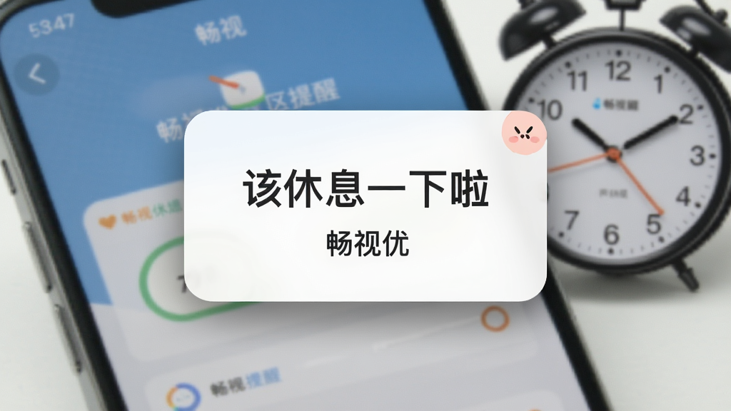 一张展示“畅视优”软件定时提醒功能的图片,画面为手机界面弹出休息提醒弹窗,弹窗中显示“该休息一下啦”和“畅视优”字样,布局为弹窗居中,风格清新可爱,细节包括弹窗周围的柔和阴影和背景中模糊的时钟元素,画质清晰,干净无多余元素