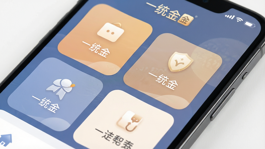 一统金功能界面特写,手机屏幕展示清晰的功能模块布局,图标与文字排列整齐,主色调柔和,界面中带有