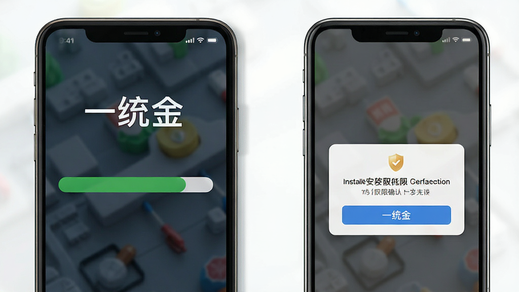 一统金安装步骤示意图,手机屏幕显示安装进度条与权限确认弹窗,界面中包含