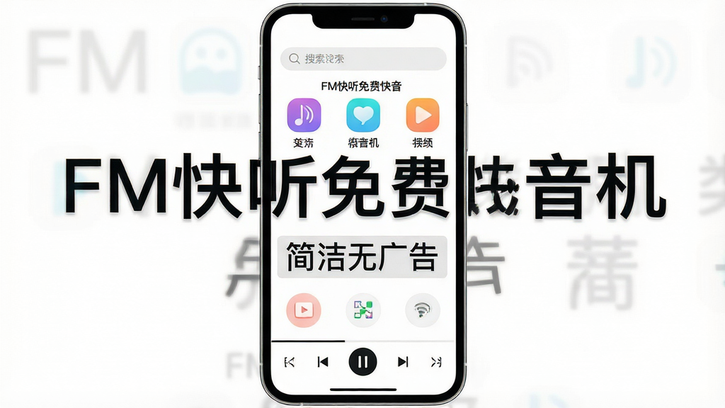 一张手机界面截图风格的图片,展示FM快听免费收音机的首页布局,顶部为搜索栏,中部为分类图标,底部为播放控制条,背景为纯白色,风格为极简UI设计,细节包含“FM快听免费收音机”与“简洁无广告”文字,画质高清,干净,无多余元素