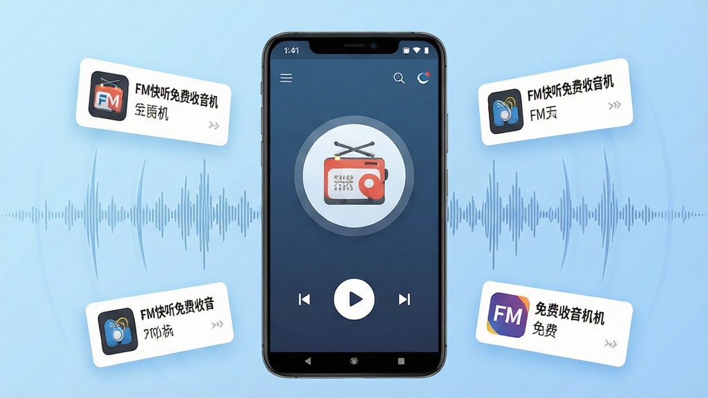 画面中央放置一部竖屏安卓手机,手机屏幕上显示FM快听免费收音机的播放界面,界面中带有圆形电台图标与播放按钮,手机周围环绕多个悬浮的电台频道卡片与声波纹理,背景为浅蓝色渐变,布局采用居中构图,风格为清爽扁平化科技风,细节包含频道名称文字“FM快听免费收音机”与“免费收音机”字样,画质高清,干净,无多余元素