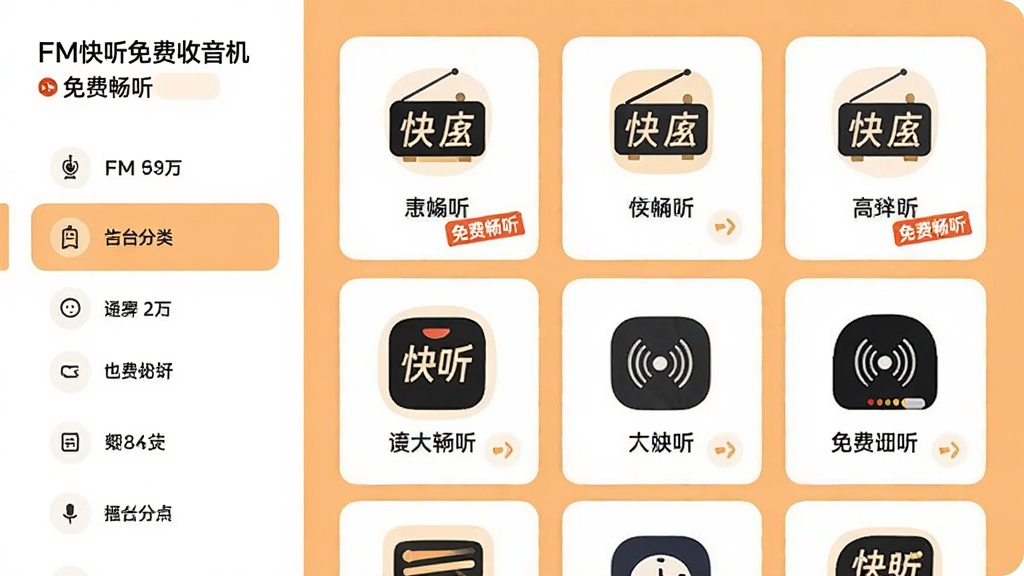 一张横向布局的电台频道展示图,画面左侧为分类导航栏,右侧为电台卡片网格,每个卡片上有电台图标与名称,背景为白色与浅橙色搭配,风格为简约卡片式设计,细节包含“FM快听免费收音机”文字标识与“免费畅听”标签,画质清晰,干净,无多余元素