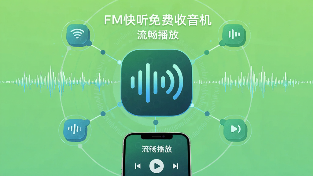 画面中央为声波与信号图标组合,周围环绕多个网络节点与音频波形,一部手机位于画面下方显示播放状态,背景为浅绿色渐变,布局采用中心放射式构图,风格为科技感音频主题,细节包含“FM快听免费收音机”与“流畅播放”文字,画质清晰,干净,无多余元素