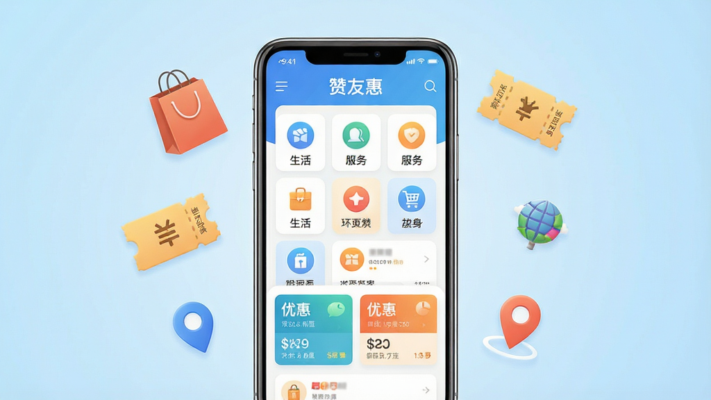 一张展示“赞友惠”手机应用主界面的图片,画面中央是一部现代智能手机,屏幕显示“赞友惠”应用首页,包含生活服务图标网格和优惠信息卡片,背景为简洁的浅蓝色渐变,周围环绕着购物袋、优惠券、定位图标等小元素,整体风格清新明快,排版居中对称,细节丰富,画质高清,干净无多余元素