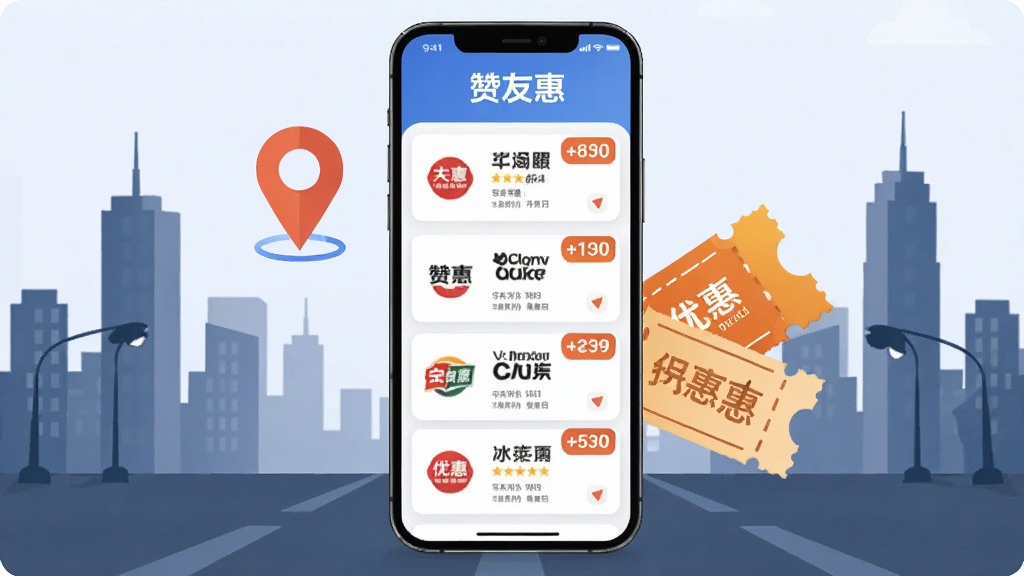 一幅展示“赞友惠”本地优惠功能的AI图片,主体为手机屏幕显示周边商家折扣列表,屏幕旁有定位图标和优惠券图形,布局为手机居中摆放,背景为城市街道剪影,风格现代扁平化,细节包括商家logo和折扣标签,画质高清,干净无杂乱元素