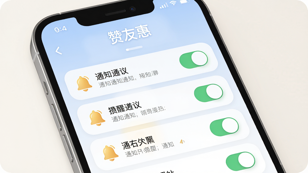一幅展示“赞友惠”消息提醒设置的AI图片,主体为手机屏幕显示通知开关列表,布局为纵向列表排版,风格柔和圆角,细节包括铃铛图标和开关按钮,画质高清,干净整洁无杂乱元素