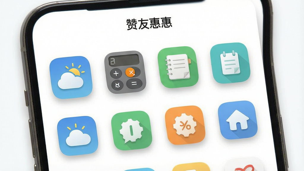 一张“赞友惠”实用工具页面的图片,画面主体为手机屏幕展示各类小工具图标如天气、计算器、记账本,布局为网格排列,风格简约清新,细节包括图标阴影和圆角设计,画质清晰,干净无多余装饰