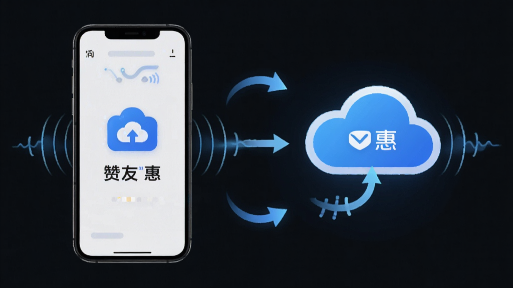 一张“赞友惠”数据同步功能的图片,主体为手机与云朵图标相连示意同步,布局为左右对称构图,风格科技感简约,细节包括同步箭头和数据波纹,画质高清,干净无多余元素
