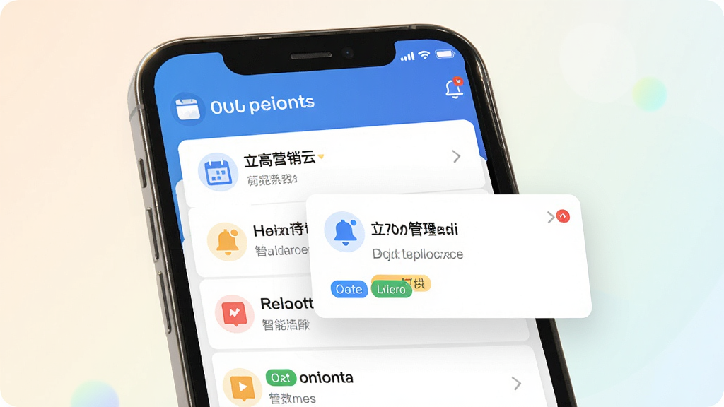 立高营销云智能提醒与待办管理界面图,主体为手机屏幕特写,布局为居中展示待办列表与提醒弹窗,背景为柔和浅色渐变,风格为扁平化UI设计,细节包含日历图标、通知铃铛、彩色优先级标签,画质高清,无多余元素