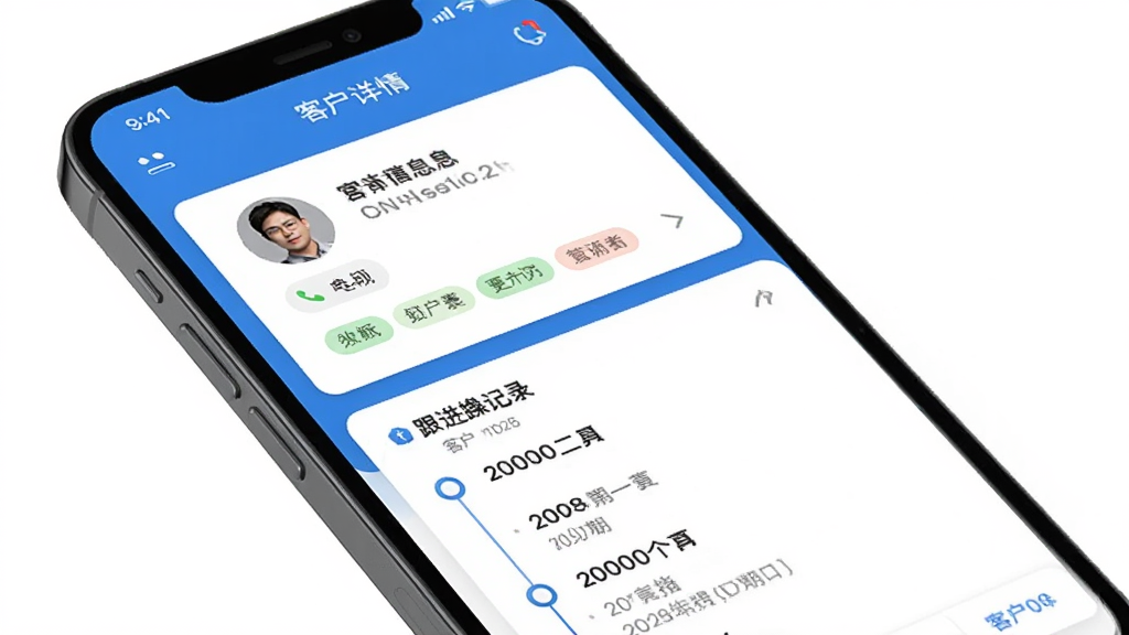 立高营销云移动端操作界面细节图,主体为手机屏幕显示客户详情页,布局为上下结构,上方为客户基本信息卡片,下方为跟进记录时间轴,背景为纯白,风格为简洁商务,细节包含头像、电话图标、标签分类,画质清晰,无多余元素