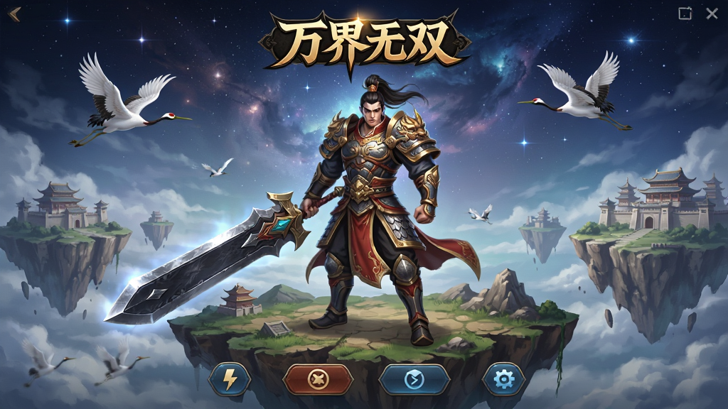 万界无双游戏主界面预览图,主体为一位身穿铠甲手持巨剑的战士站在悬浮的仙侠大陆上,背景是浩瀚星空与漂浮的岛屿,布局采用中心对称构图,排版上方为游戏LOGO区域下方为功能按钮,风格为中国风玄幻CG插画,细节包括角色身上的铠甲纹路、远处隐约可见的城池轮廓、天空中飞舞的仙鹤,画质4K超高清,干净整洁,无多余元素