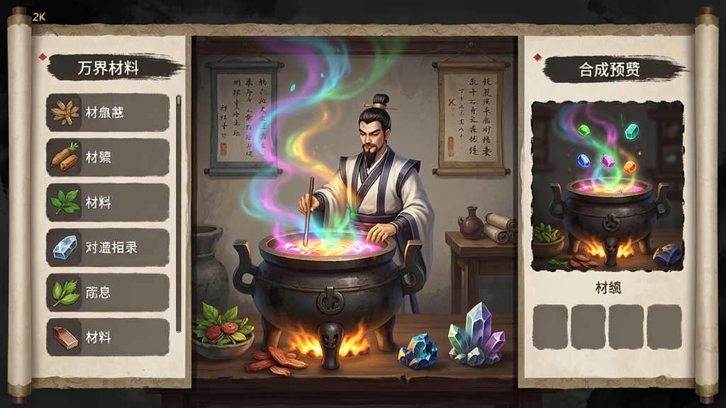 万界无双工坊合成界面图,主体为一位炼丹师模样的NPC在巨大的丹炉前操作,布局为左右分栏左侧是材料列表右侧是合成预览,排版采用古典卷轴式设计,风格为中国水墨风游戏UI,细节包括丹炉中升腾的彩色烟雾、桌面上摆放的各种草药和矿石、背景墙上悬挂的配方卷轴,画质2K高清,干净整洁,无多余元素